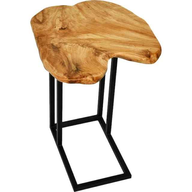 Live edge wood table with metal base, detail shot