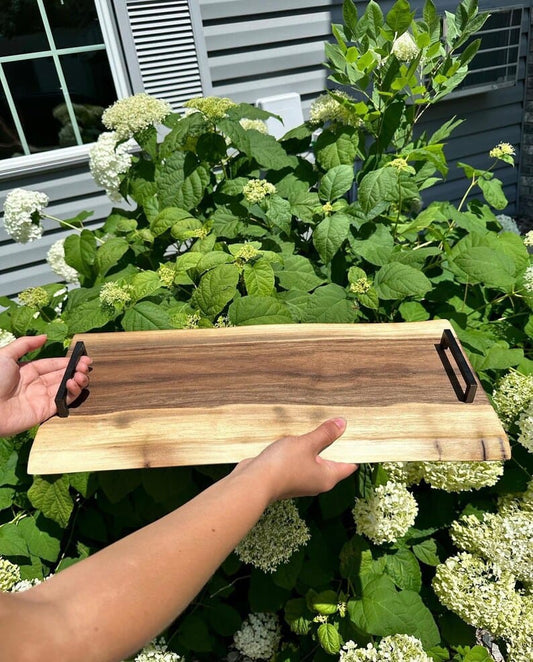 Live edge wood tray, glossy finish, top view
