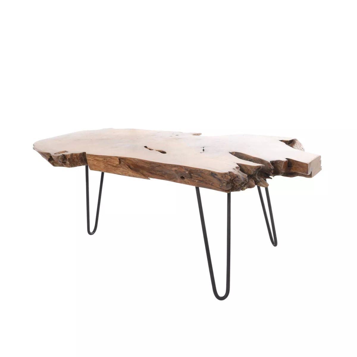 Live edge wooden table with metal legs, side angle
