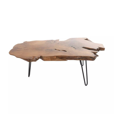 Live edge wooden table with metal legs, side angle
