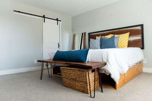 Loom live edge wood bench with hairpin legs, full view