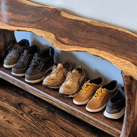 Matte finish shoe bench styled in entryway setting