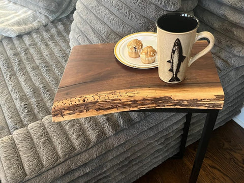 Natural live edge sheesham wood end table with black metal stand