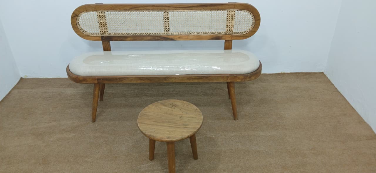 Natural rattan bench with solid wooden frame