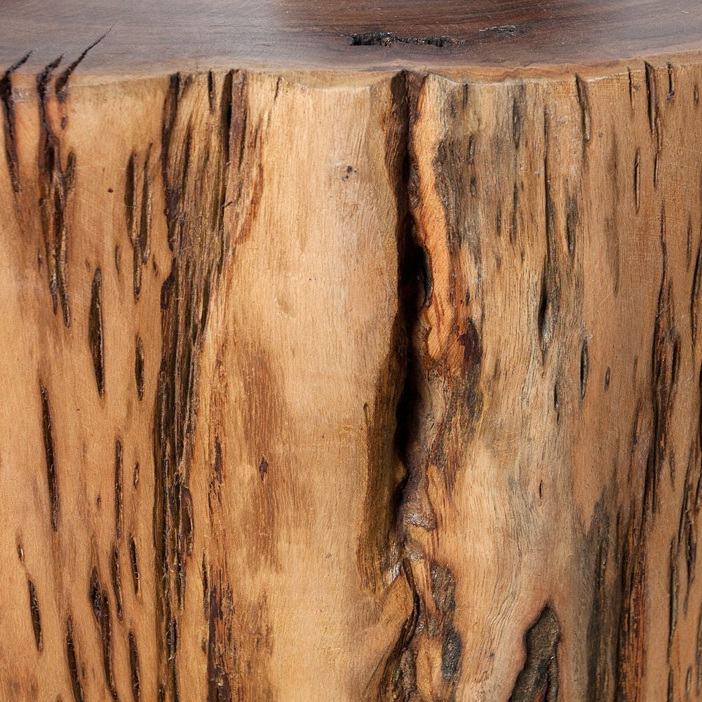 Natural wood log stool used as rustic side table