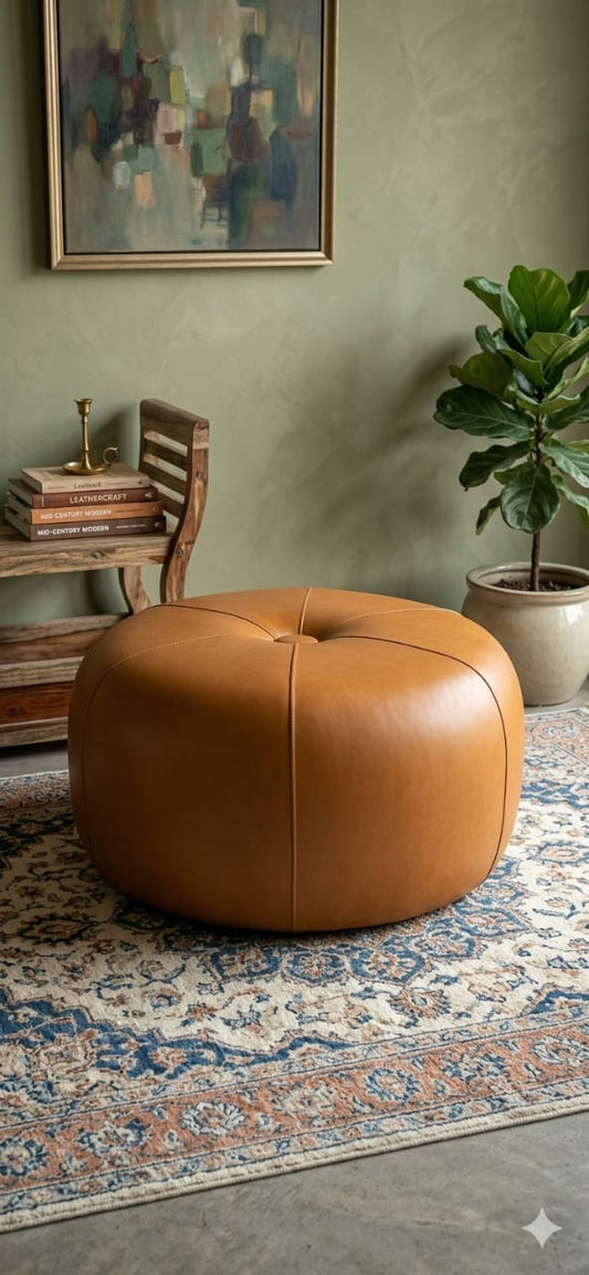 P37 Ottoman lounge couch with solid wood base and bouclé cushioned seating - 36 inch round ottoman
