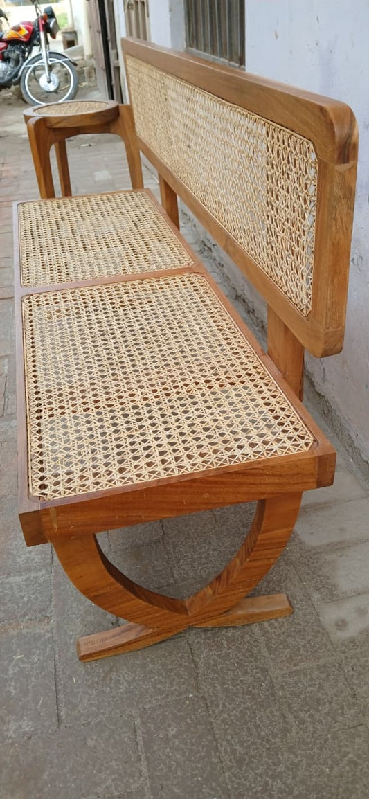 R27 Wevo hand-woven rattan bench with solid wood frame
