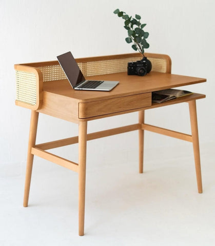 R28 Canelin rattan study table with solid wood frame and cane panels