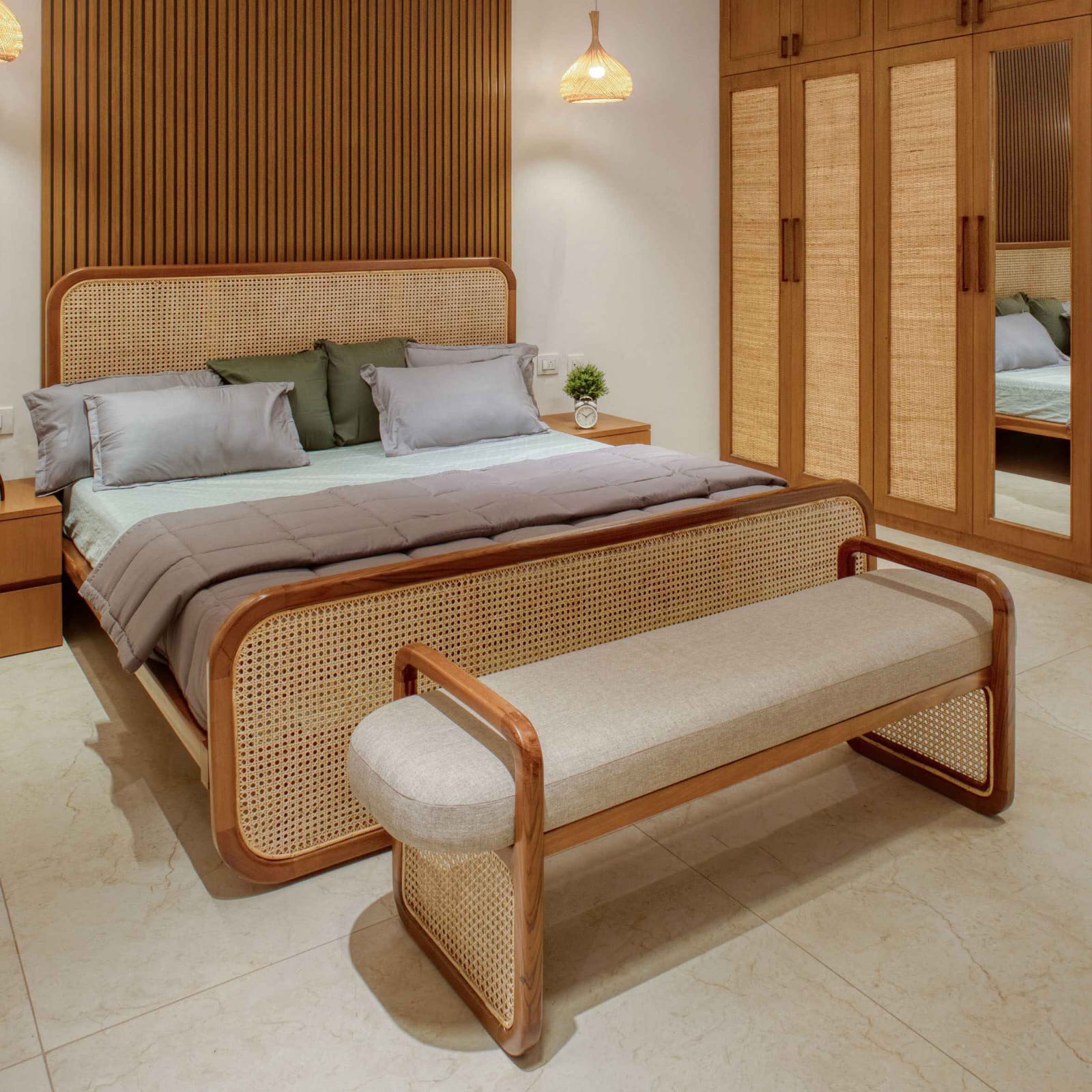 R33 Weavella handwoven rattan bench with solid wood frame