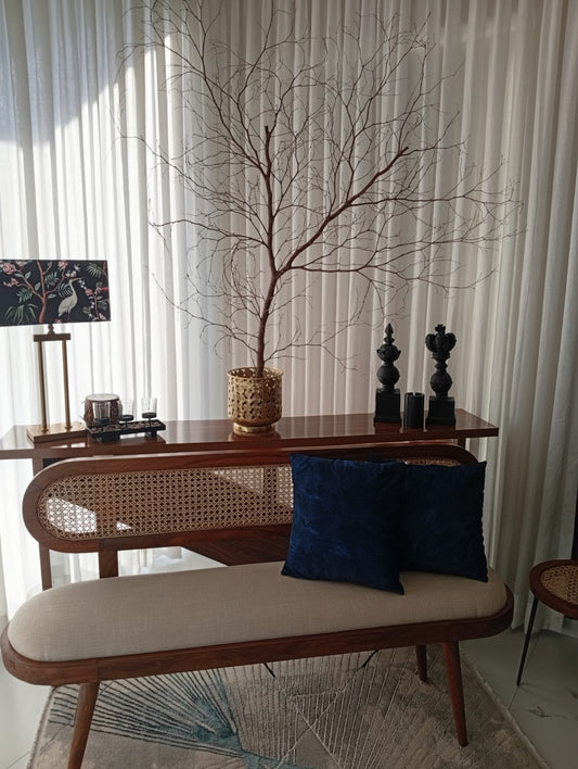 R40 RootCraft wooden bench with handwoven rattan seat