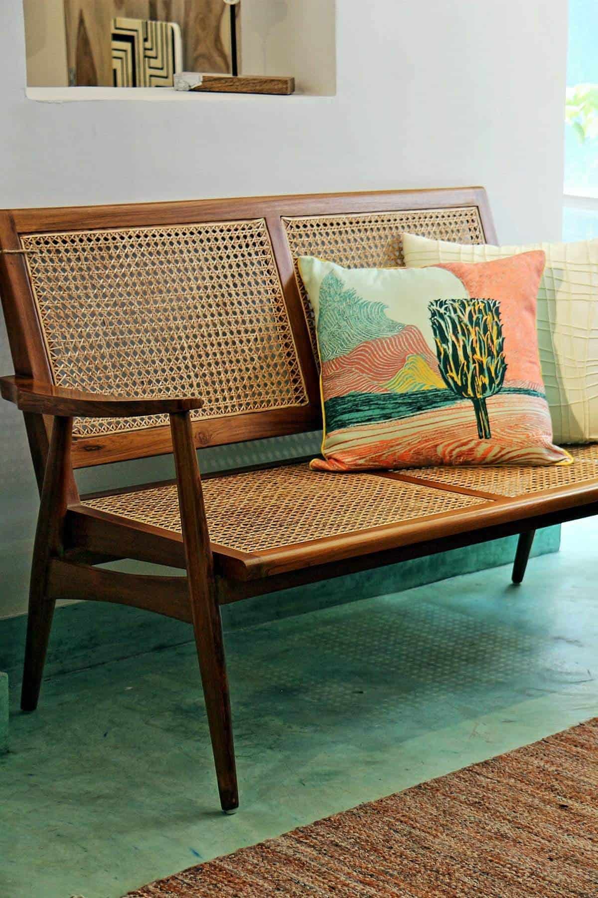 Rattan Craft bench styled in an entryway setting