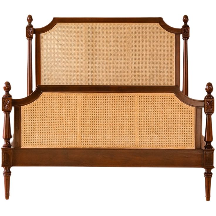 "Rattan bed frame showing footboard weave detail"