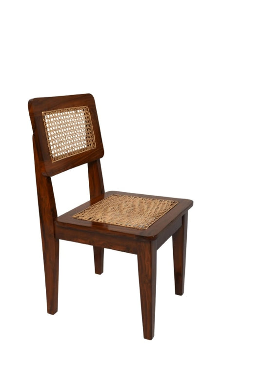 "Rattan dining chair side profile, glossy finish"
