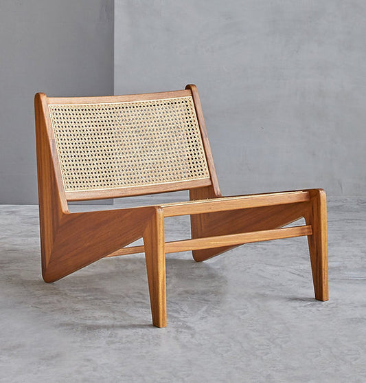 "Rattan lounge chair side profile showing zigzag wood legs"