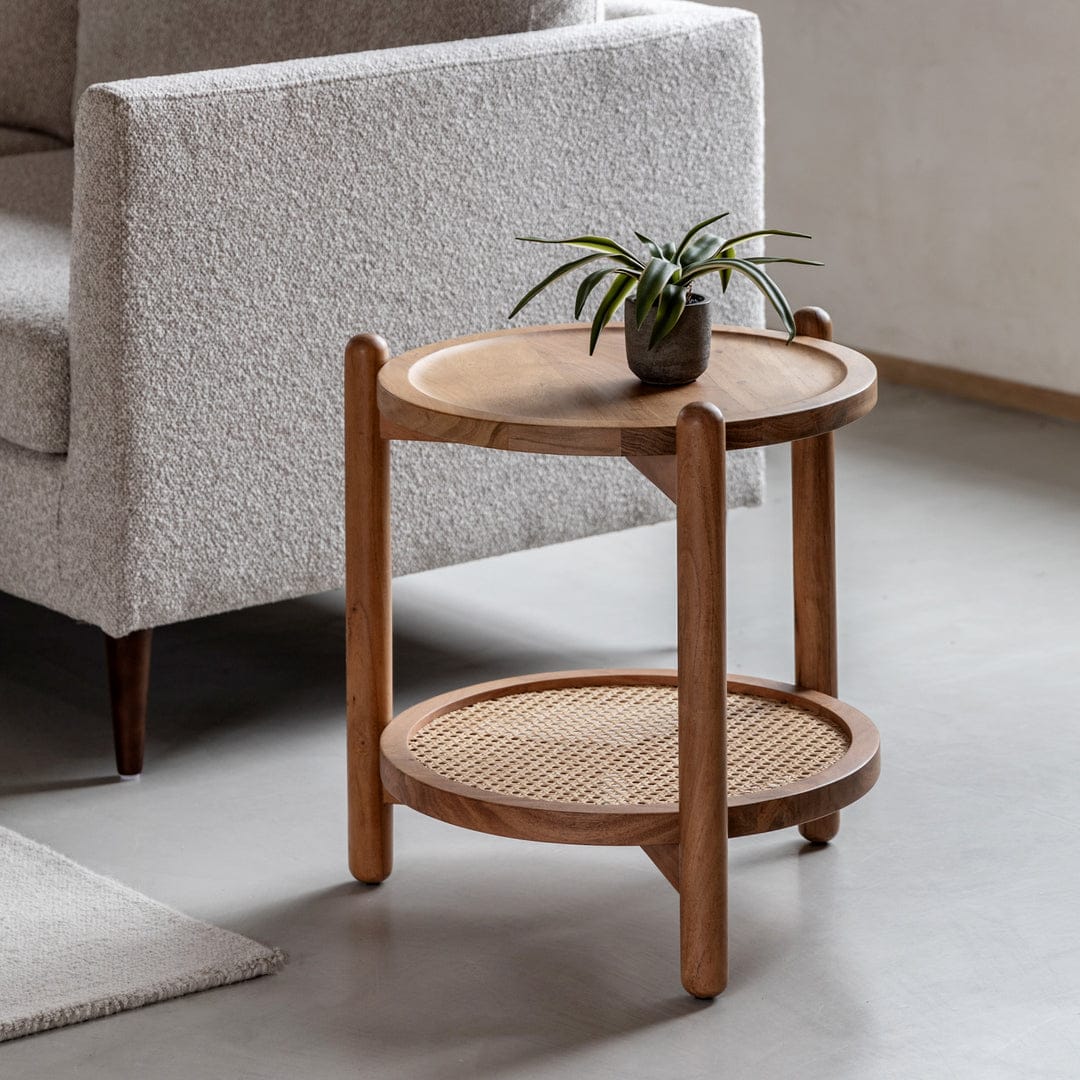 "Rattan side table alternate angle, glossy finish"