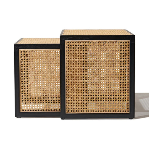 "Rattan side table used as plant stand"