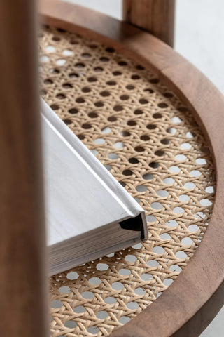 "Rattan side table wood leg joinery detail"