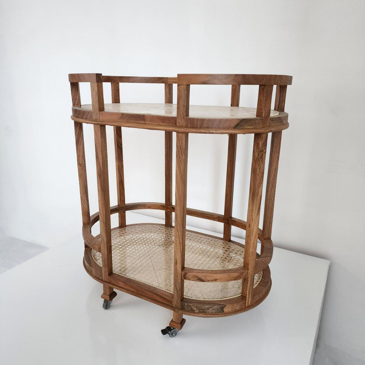 "Rattan tea trolley from front, full view"
