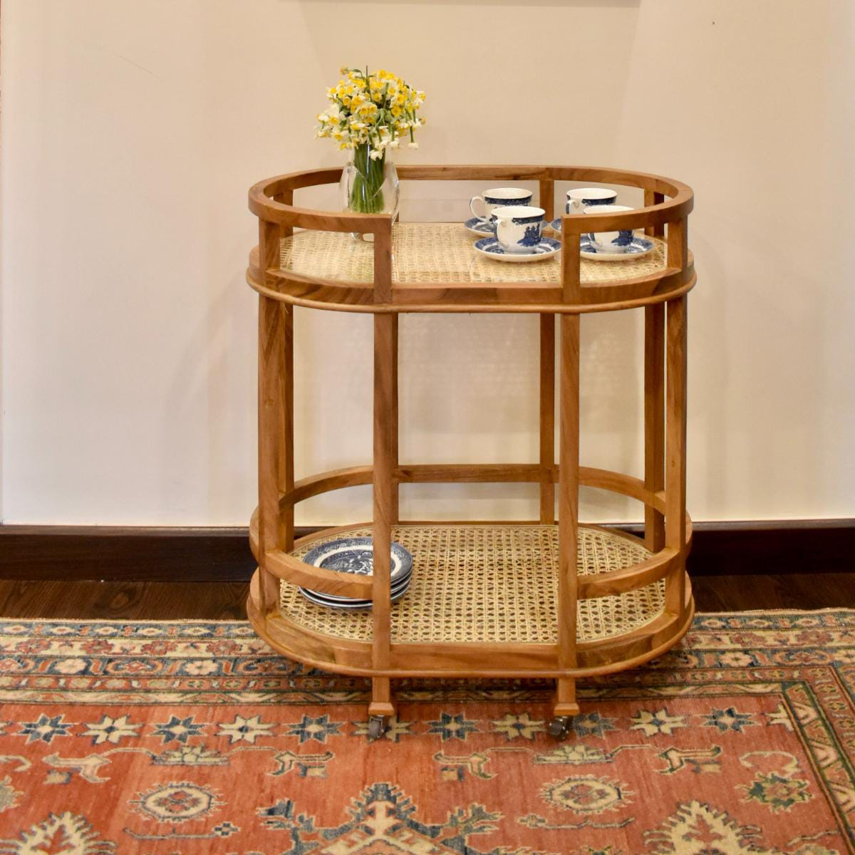 "Rattan tea trolley side view showing shelves"