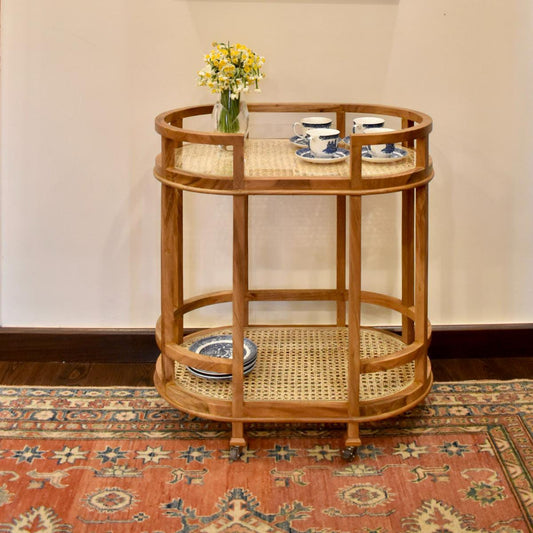 "Rattan tea trolley side view showing shelves"