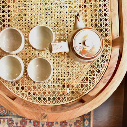 "Rattan tea trolley wood joinery close-up"
