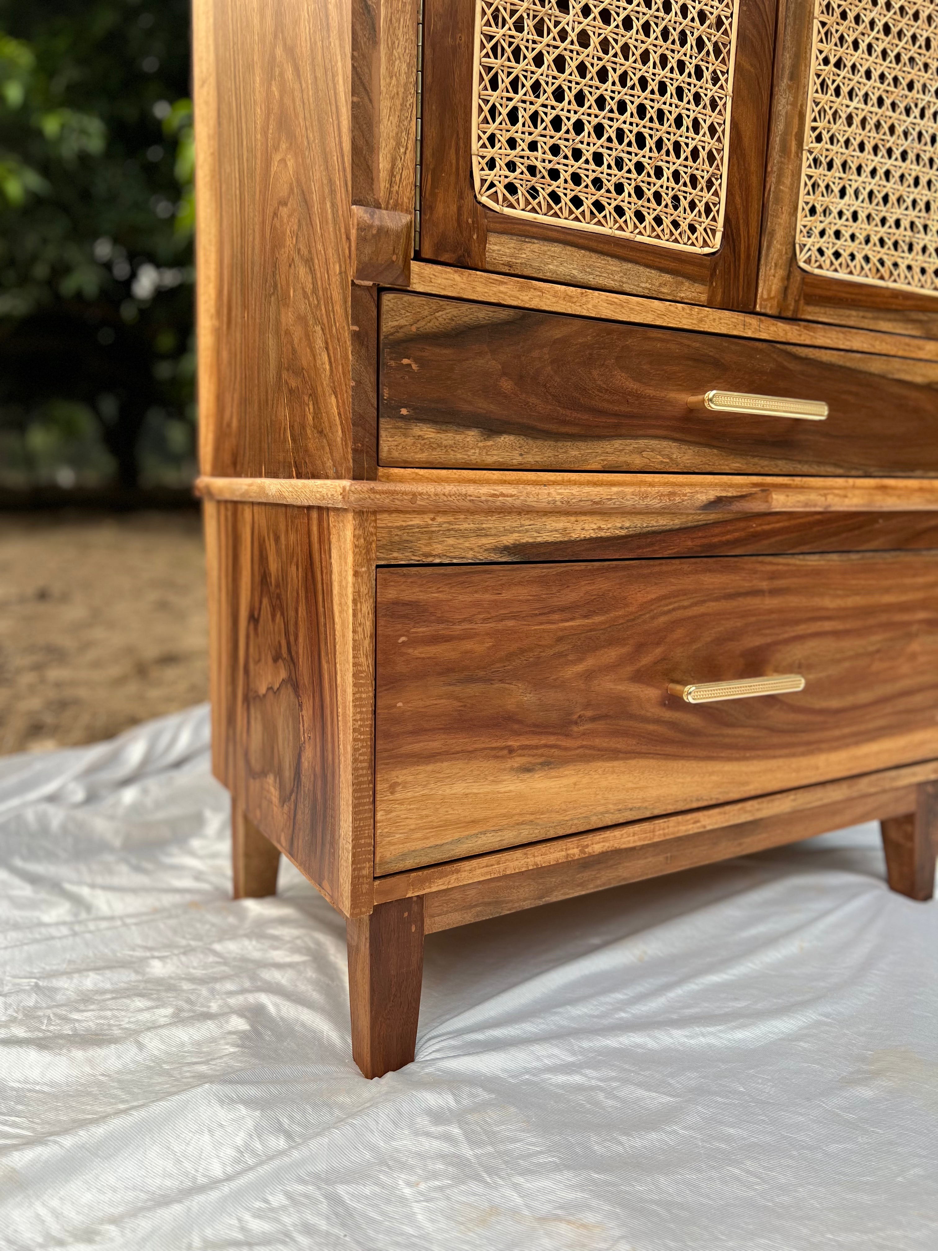 Rattan wardrobe corner detail showing joinery and finish