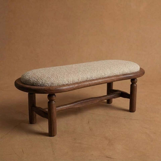 Relaxo wooden bench side view showing solid wood frame and padded seat