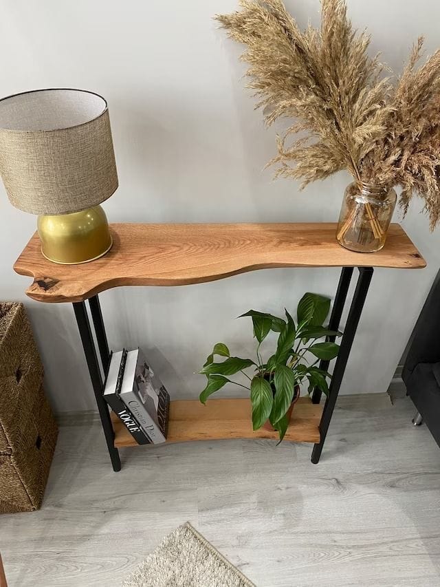 Sheesham console table angled view showing natural edge