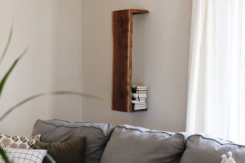 Sheesham waterfall shelf styled with folded towels