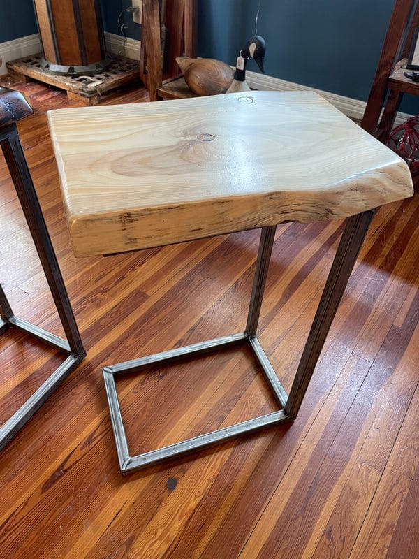Sheesham wood end table with metal legs, front angle view