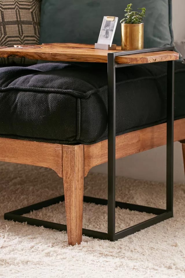 Sheesham wood side table, top view of live edge surface
