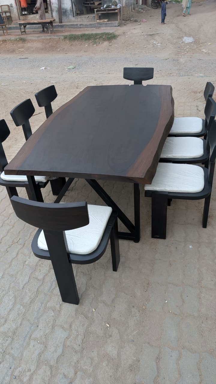 Solid wood dining table angled view showing full length