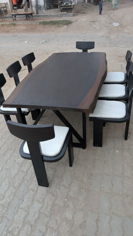 Solid wood dining table angled view showing full length