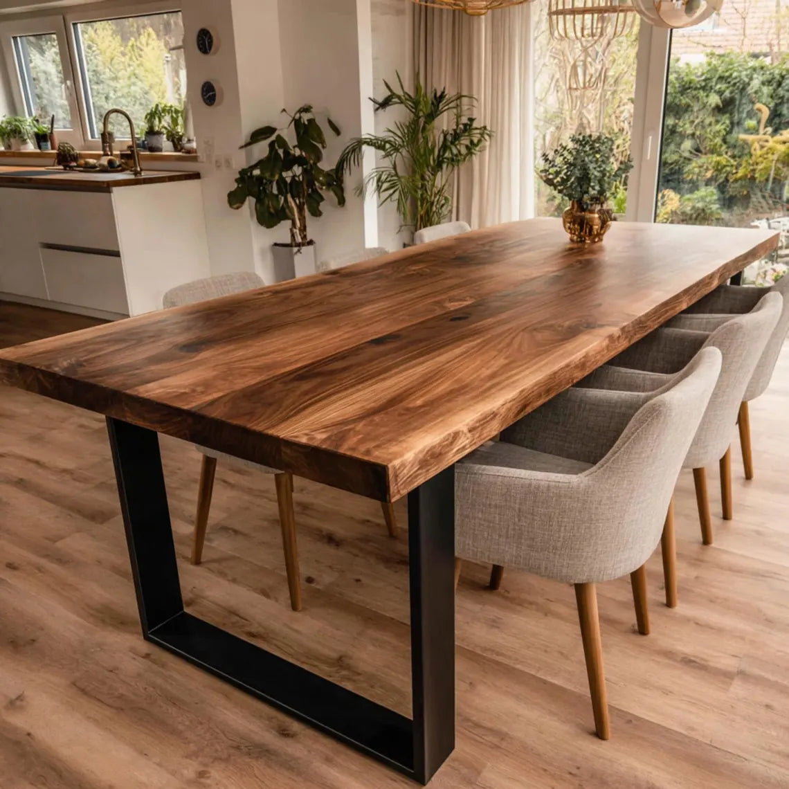 Solid wood dining table styled in dining room setting
