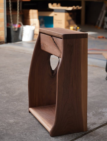 "Solid wood side table front view"