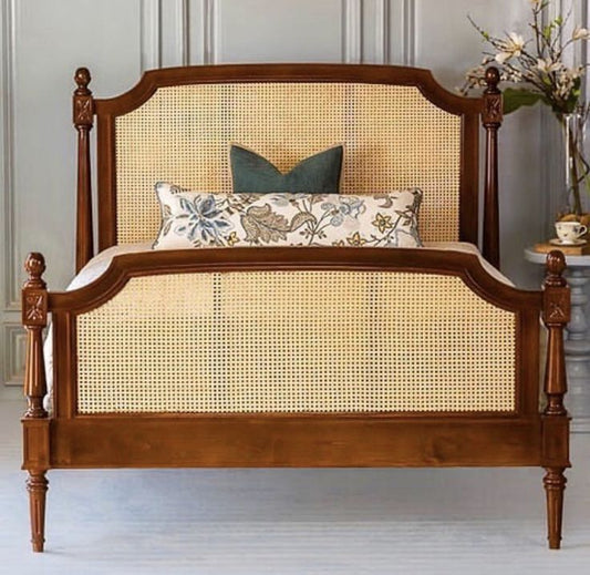 "Sunset rattan and cane bed set with woven headboard, solid wood frame"