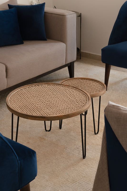 "Two rattan nesting tables in different sizes, D1 and D2, side by side"