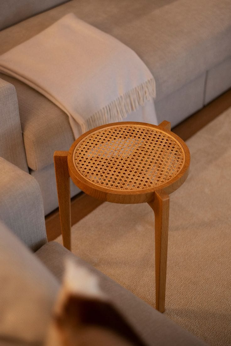"Two rattan stools stacked, D1 and D2 sizes"