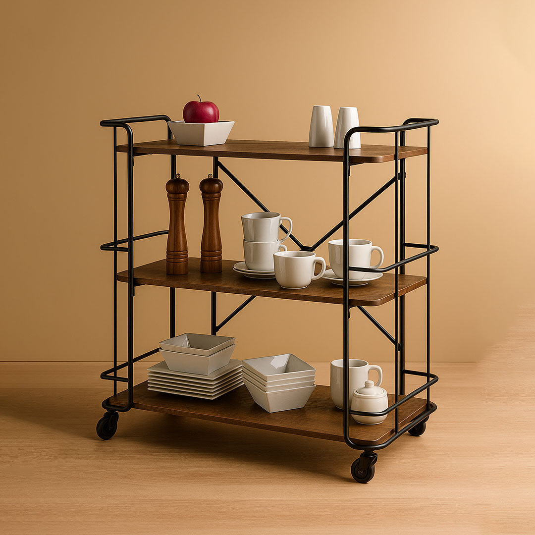H34 Metro: Serving Trolley, Industrial Wood & Metal Serving Trolley, Kitchen & Dining Cart – Wood & Metal, Multi-Level Serving Trolley with Locking Wheels