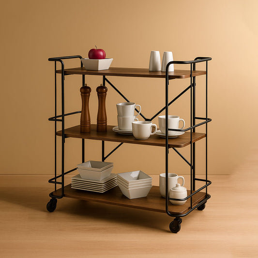 H34 Metro: Serving Trolley, Industrial Wood & Metal Serving Trolley, Kitchen & Dining Cart – Wood & Metal, Multi-Level Serving Trolley with Locking Wheels