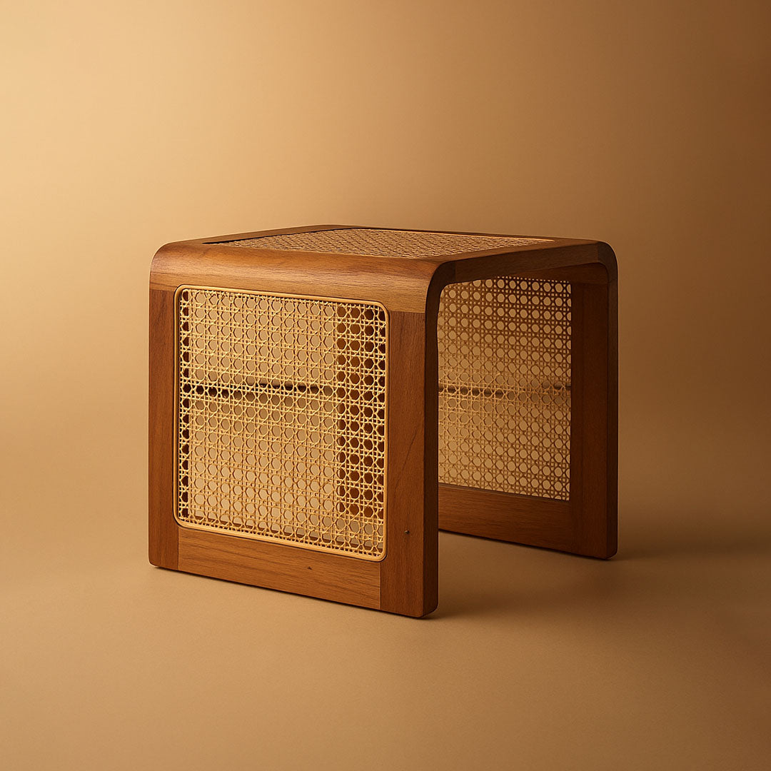 R01 Canella: Rattan Wood Side Table, Multipurpose Stool, U-shaped Cane Side Table
