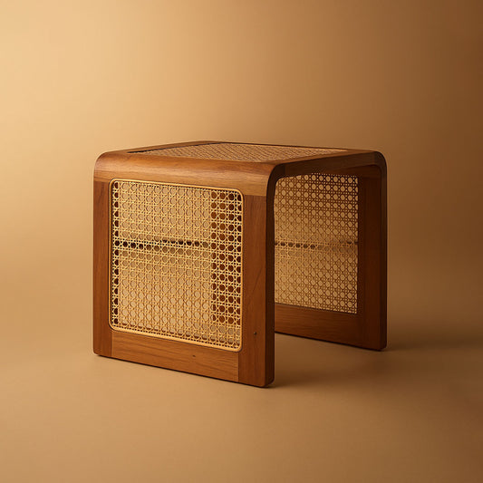 R01 Canella: Rattan Wood Side Table, Multipurpose Stool, U-shaped Cane Side Table