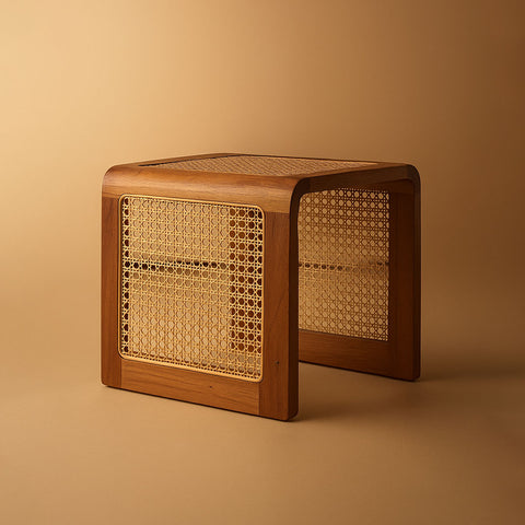 R01 Canella: Rattan Wood Side Table, Multipurpose Stool, U-shaped Cane Side Table
