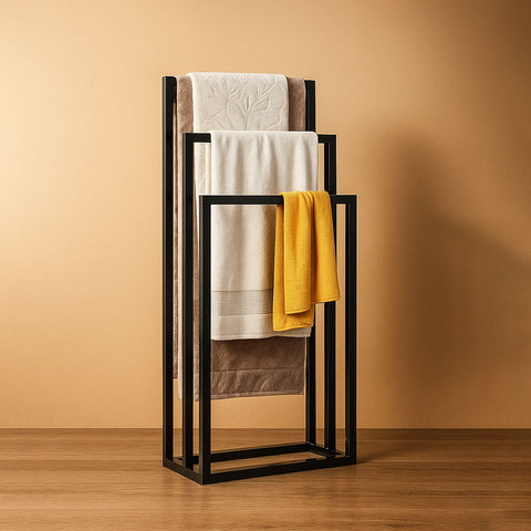 M04 Bronza: 2-Tier Modern Metal Towel Stand, Freestanding Bathroom Rack, Black Metal Towel Holder,  Minimalist Floor Stand, Durable Steel Towel Stand, Sleek & Space-Saving Design, Organizers