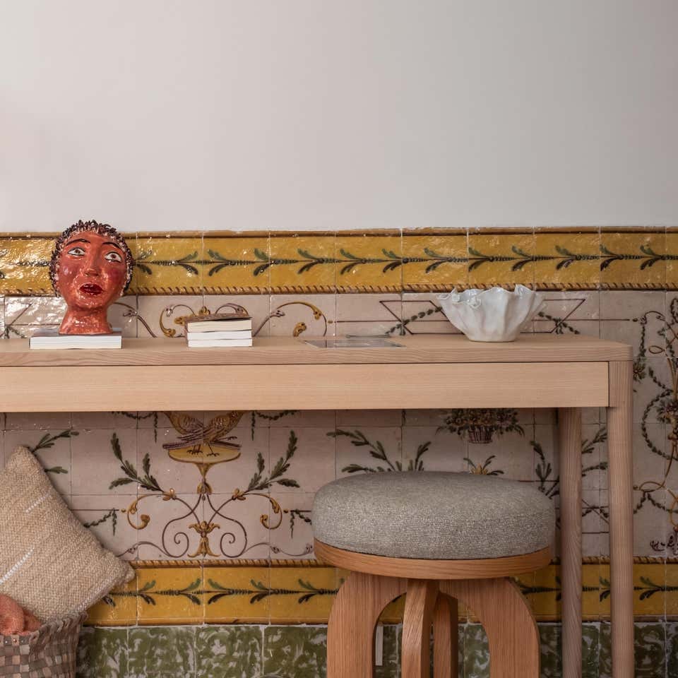 Velwood stool styled in bedroom setting