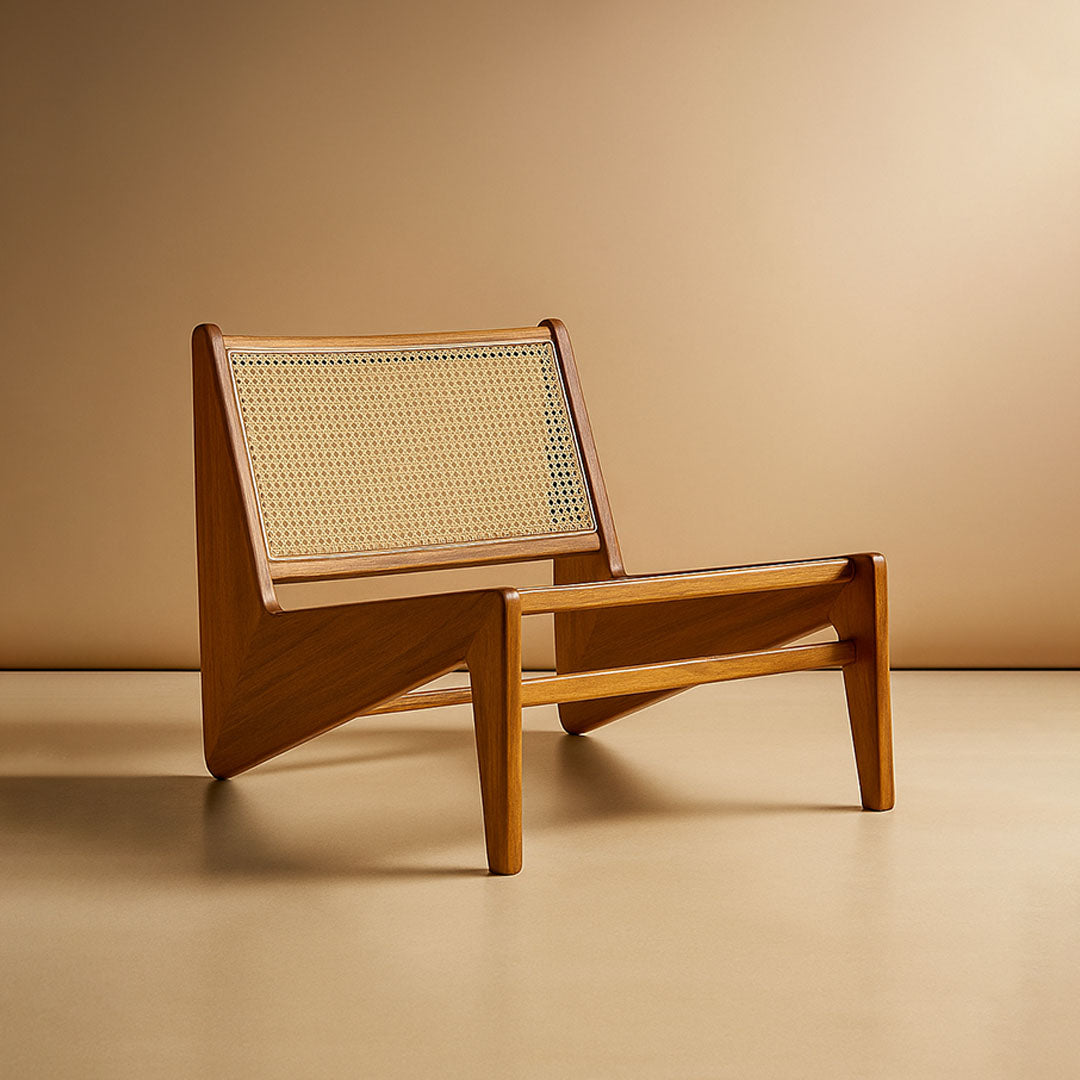 "Virsa rattan lounge chair with wooden frame and woven cane backrest"