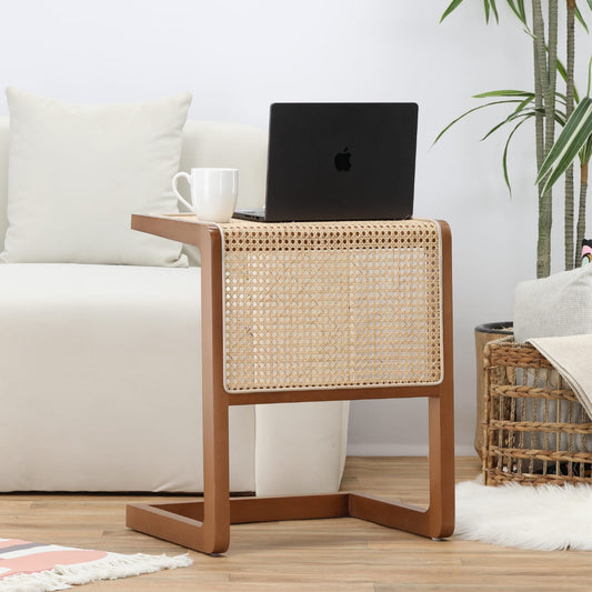 "Vista C-shaped rattan side table with solid wood frame"