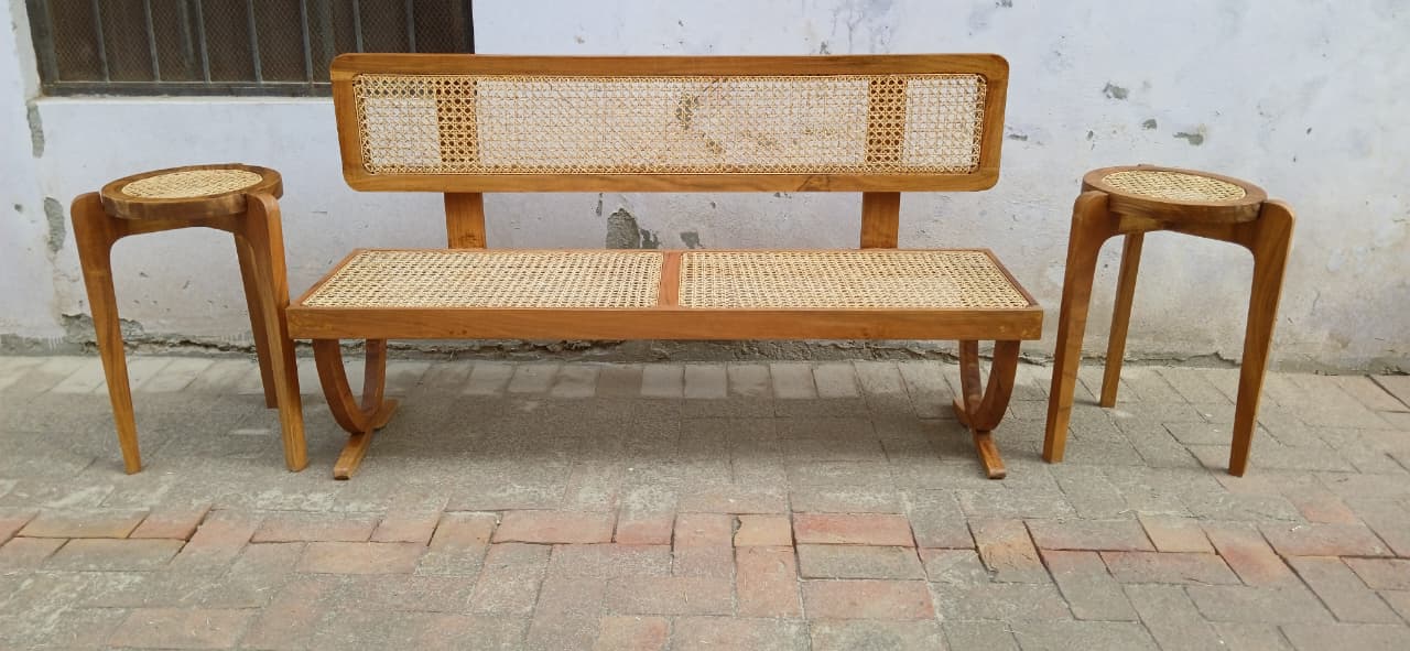 Wevo rattan bench styled in an entryway setting