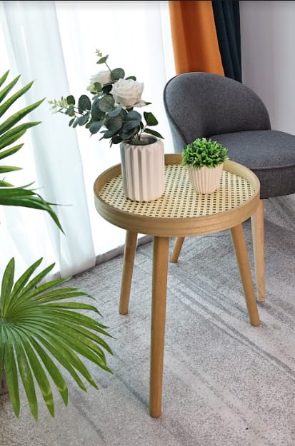 Cane Oak Round Side Table