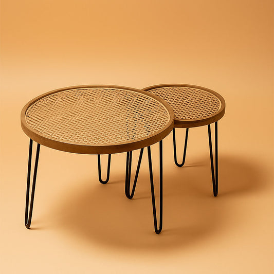 "Wicker rattan round nesting tables set of 2, French-style Sheesham wood"